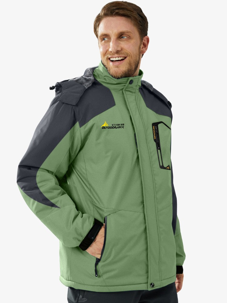 Men's ski jacket with a plush lining, a hood and zipped pockets - green