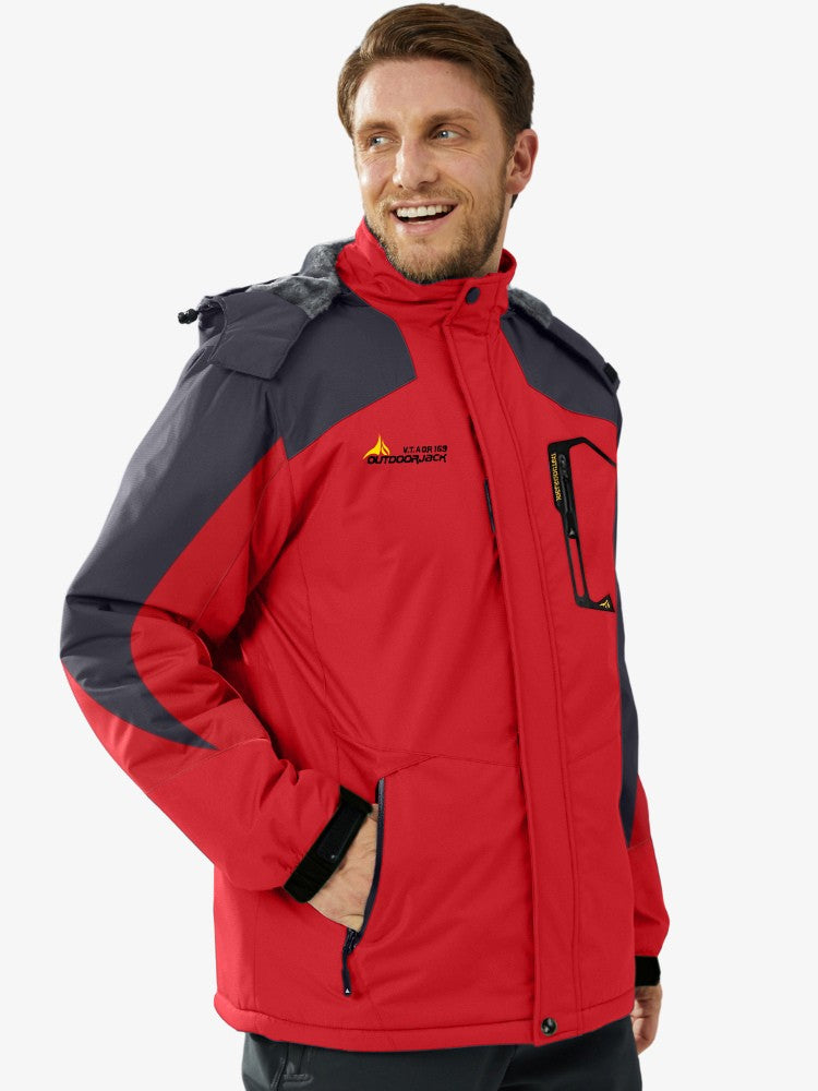 Men's ski jacket with a plush lining, a hood and zipped pockets - red