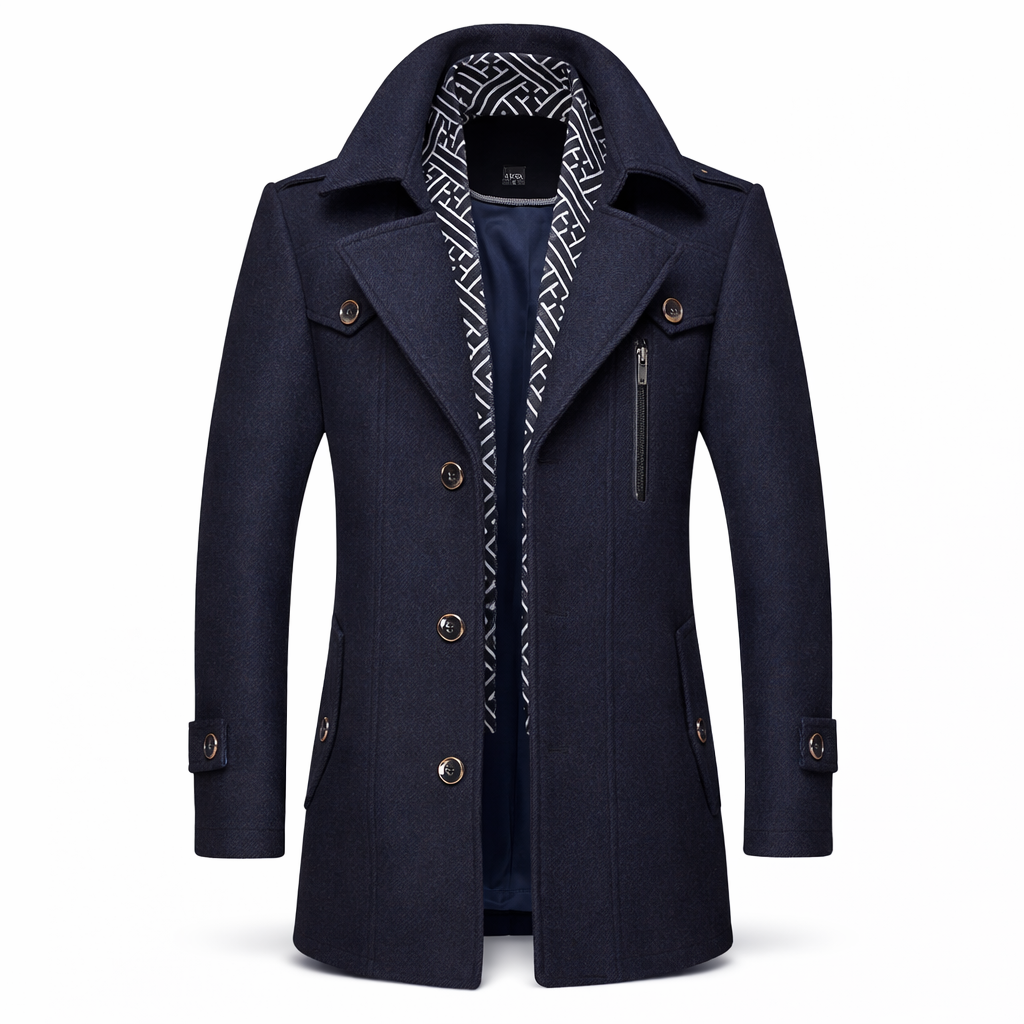 Men's wool-blend coat with an attached patterned scarf and epaulettes - navy