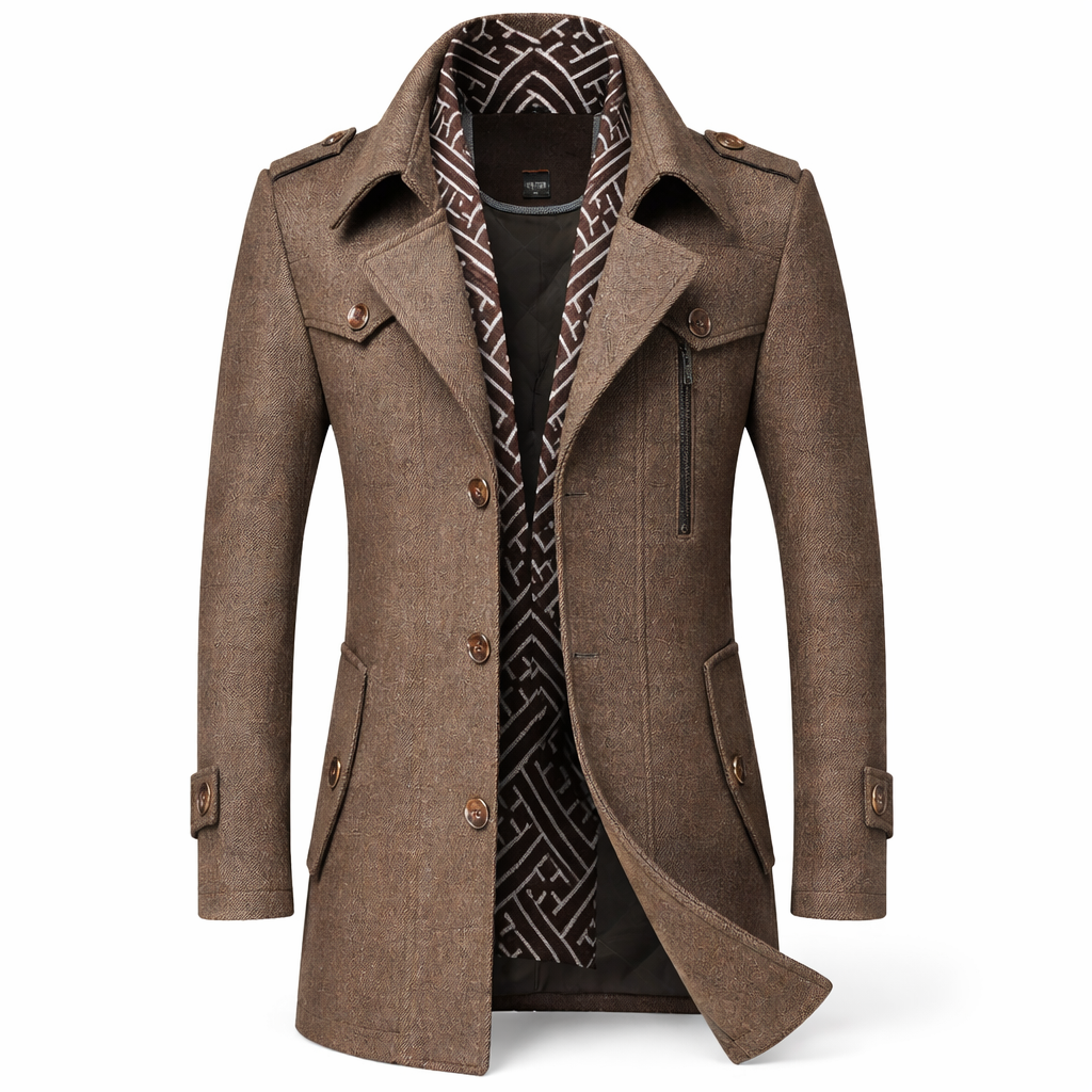 Men's wool-blend coat with an attached patterned scarf and epaulettes - taupe