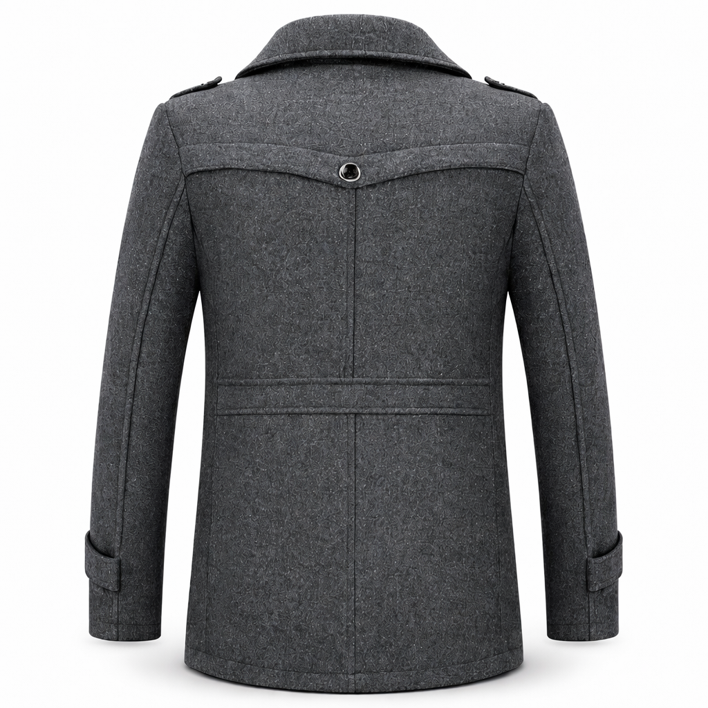 Men's wool-blend coat with an attached patterned scarf and epaulettes