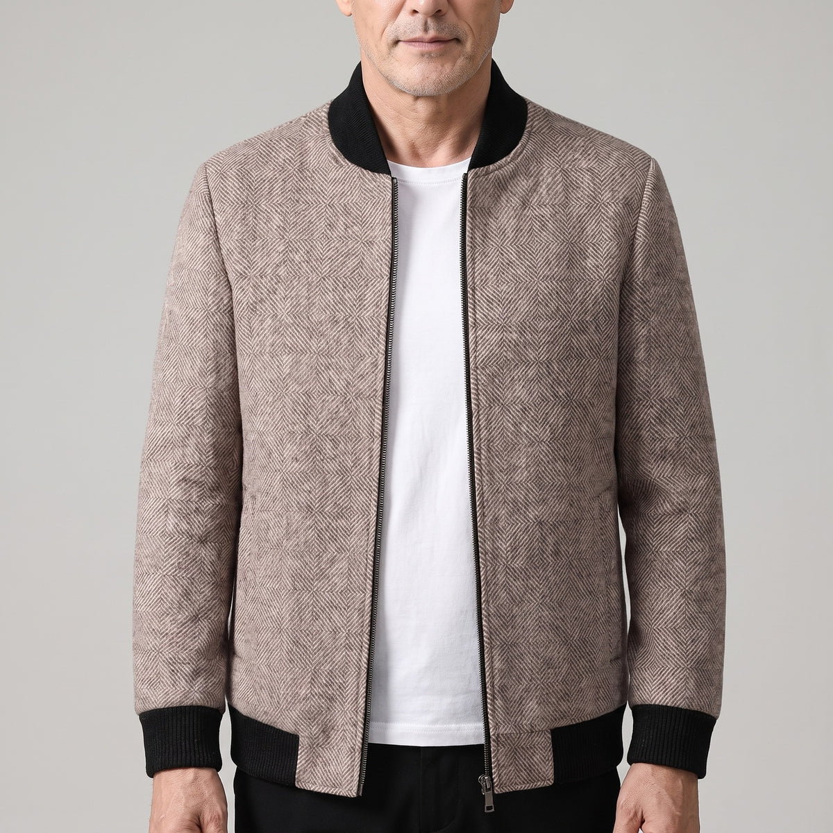 Men's wool-look bomber jacket with a diamond weave - camel