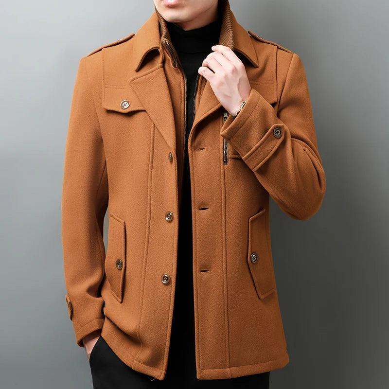 Men's wool-look coat with a knitted zip bib and epaulettes - view 2