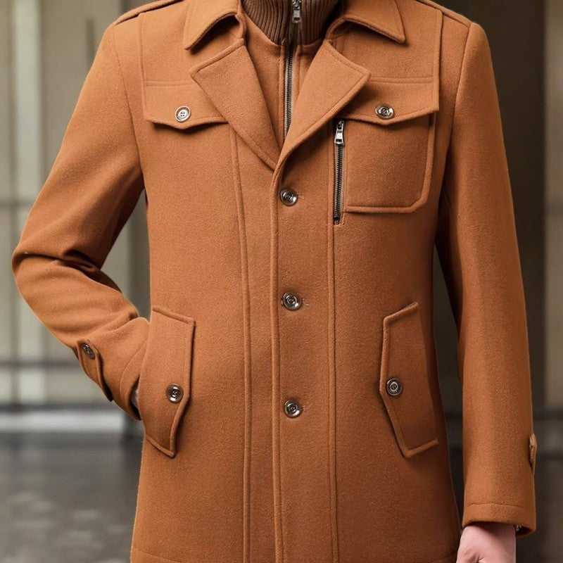 Men's wool-look coat with a knitted zip bib and epaulettes - view 3