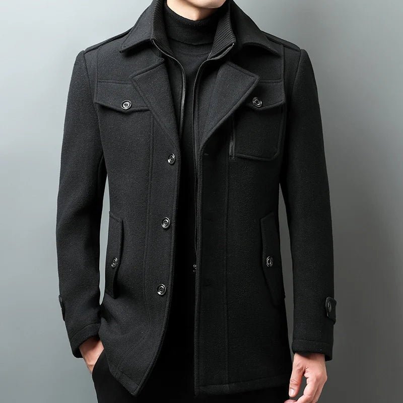 Men's wool-look coat with a knitted zip bib and epaulettes - view 5