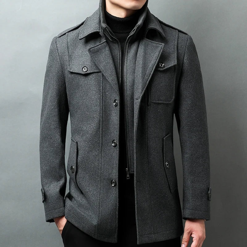 Men's wool-look coat with a knitted zip bib and epaulettes - grey