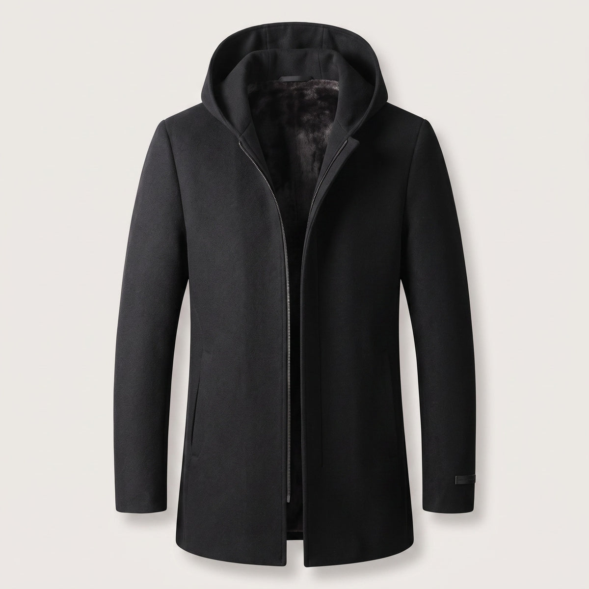 Men's mid-length wool-look hooded coat with a zip front - black