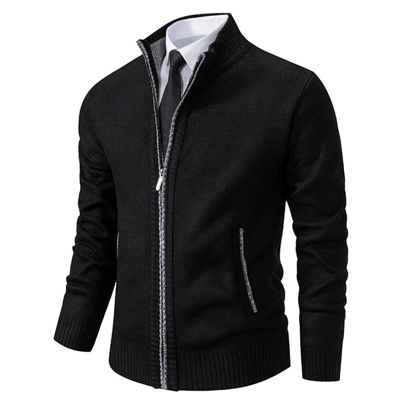 Men's wool-look zip cardigan with a stand collar - black