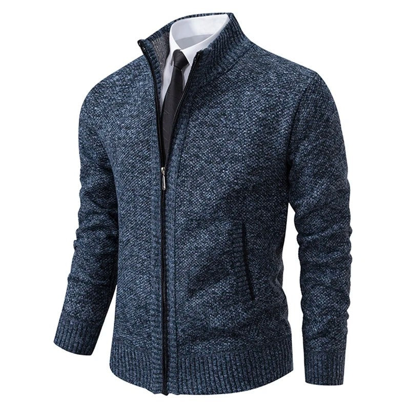 Men's wool-look zip cardigan with a stand collar - blue