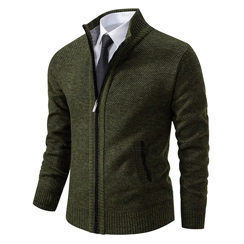 Men's wool-look zip cardigan with a stand collar - olive green