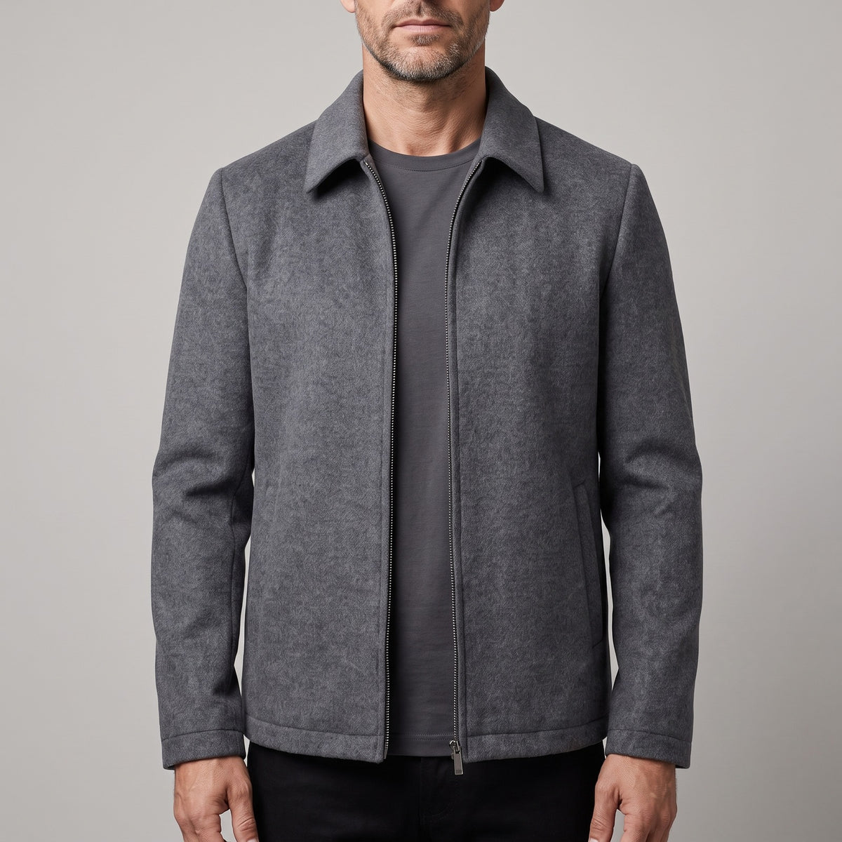 Men's short wool-look zip jacket with a spread collar - grey