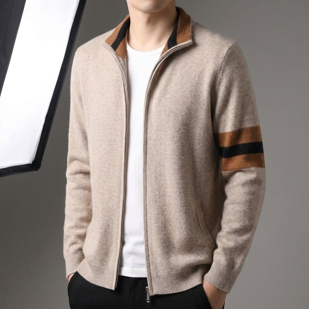 Men's knitted zip cardigan with a contrast stand collar and sleeve stripes