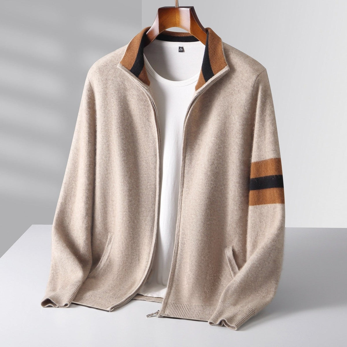 Men's knitted zip cardigan with a contrast stand collar and sleeve stripes - sand