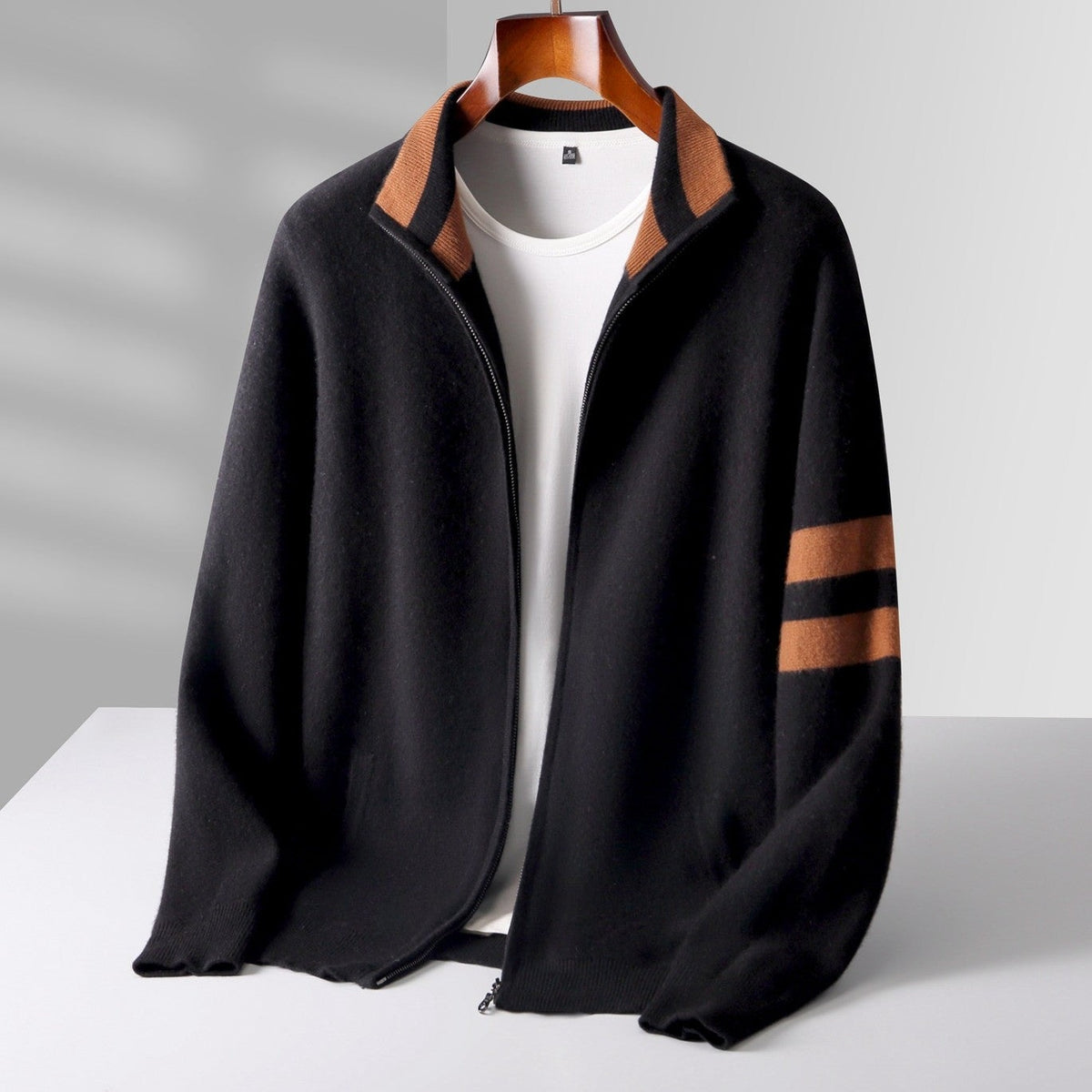 Men's knitted zip cardigan with a contrast stand collar and sleeve stripes - black