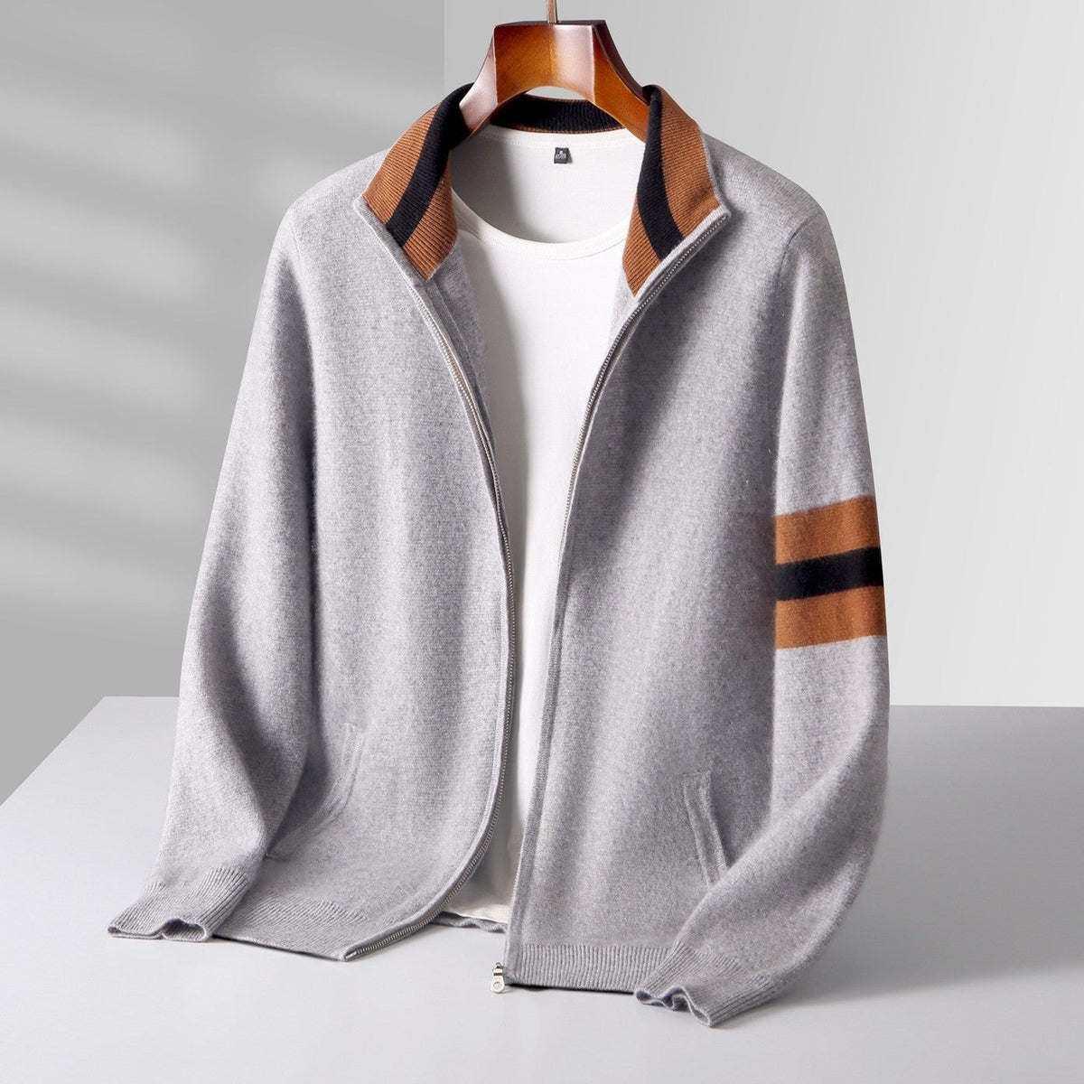 Men's knitted zip cardigan with a contrast stand collar and sleeve stripes - light grey
