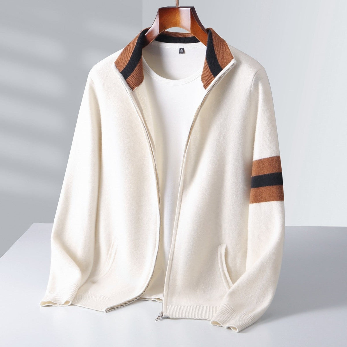 Men's knitted zip cardigan with a contrast stand collar and sleeve stripes - off-white