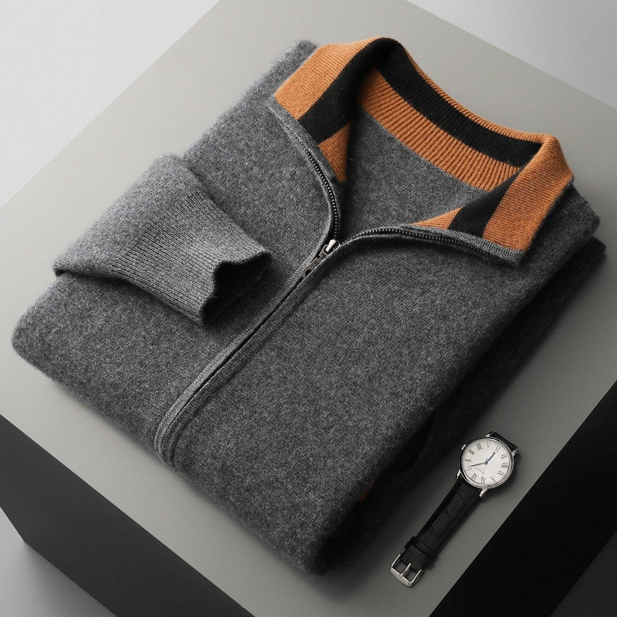 Men's knitted zip cardigan with a contrast stand collar and sleeve stripes - charcoal