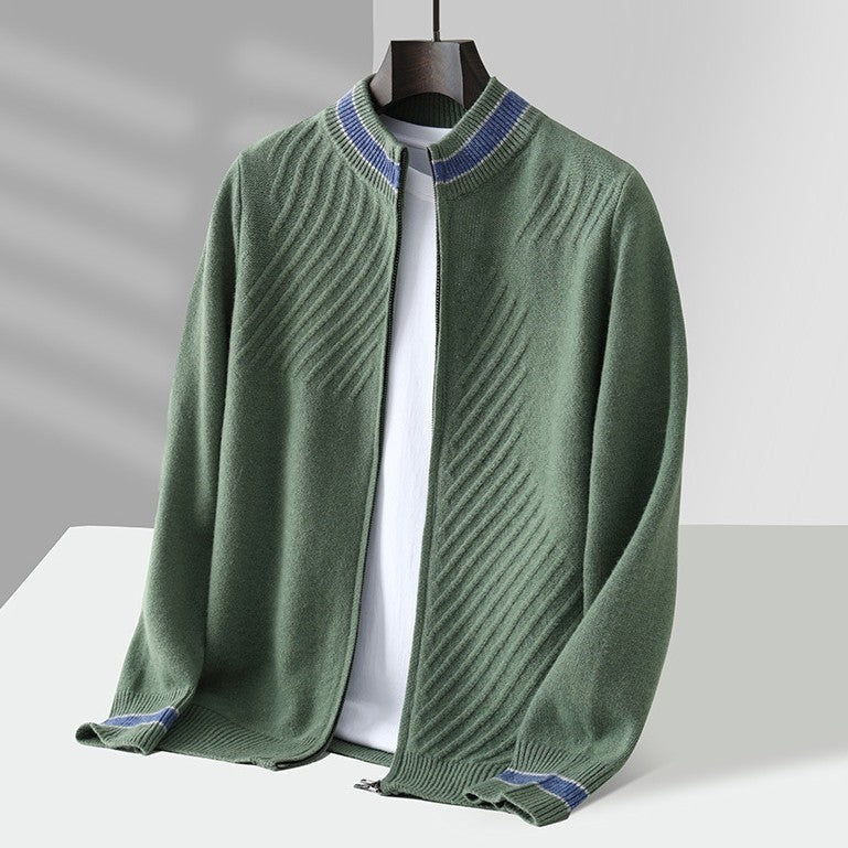 Men's knitted zip cardigan with diagonal ribs and a stripe on the collar and cuffs - green
