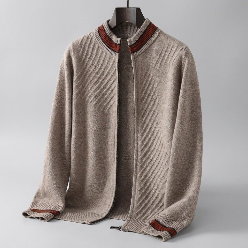 Men's knitted zip cardigan with diagonal ribs and a stripe on the collar and cuffs - view 7