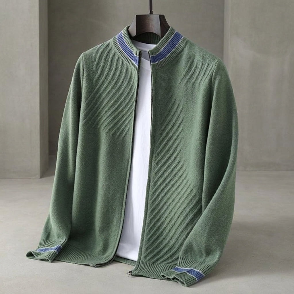 Men's knitted zip cardigan with diagonal ribs and a stripe on the collar and cuffs - view 8