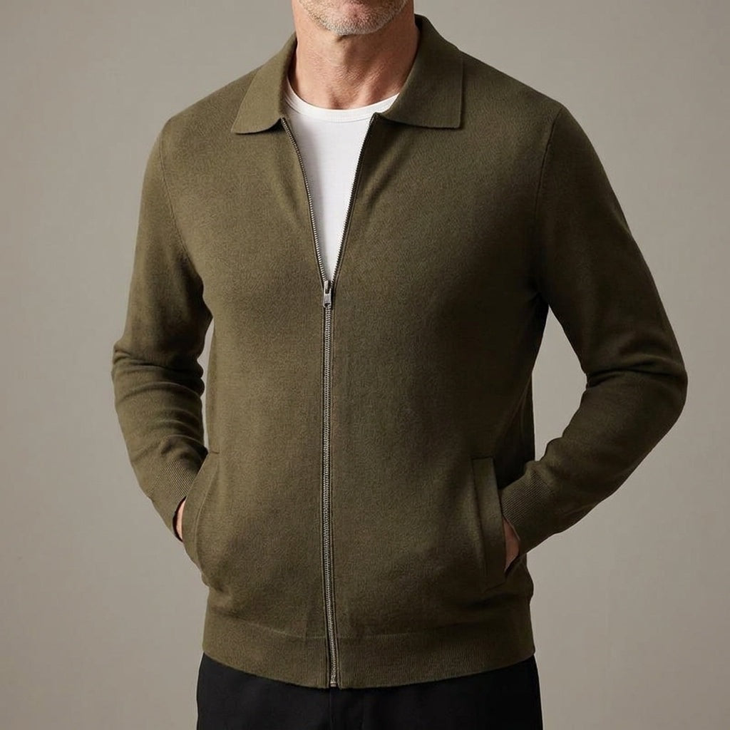 Men's fine knit zip cardigan with a flat polo collar and side pockets