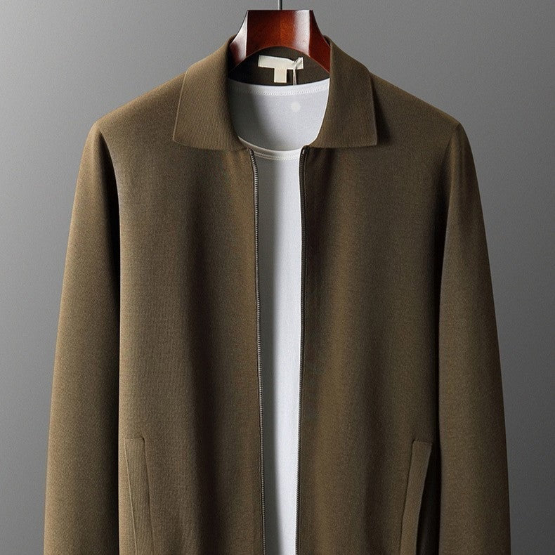 Men's fine knit zip cardigan with a flat polo collar and side pockets - view 3