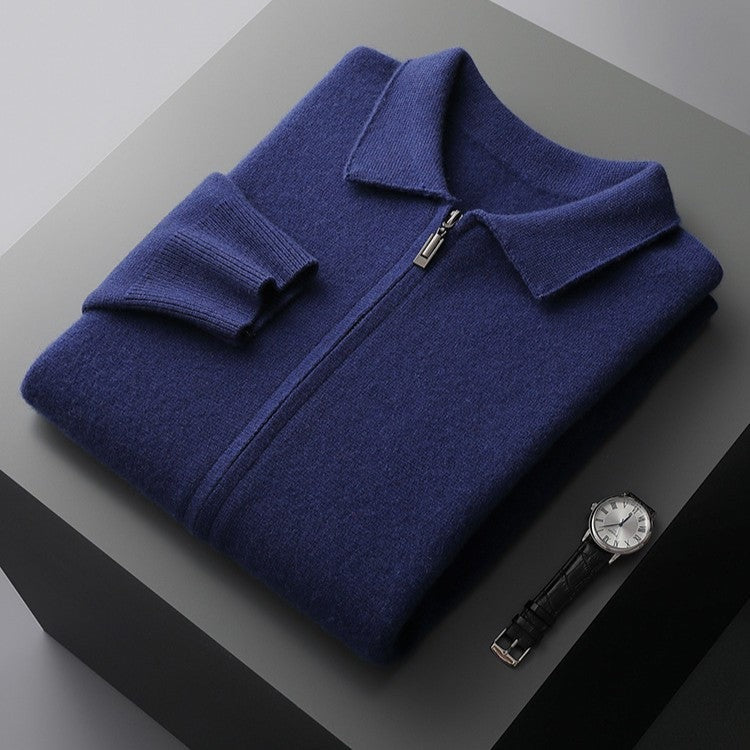 Men's fine knit zip cardigan with a flat polo collar and side pockets - royal blue