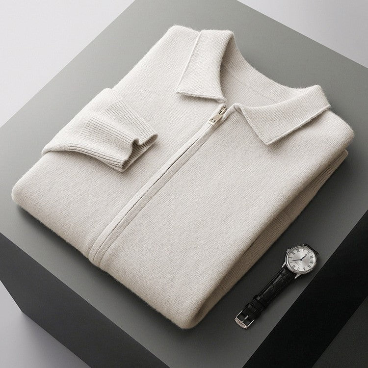 Men's fine knit zip cardigan with a flat polo collar and side pockets - off-white