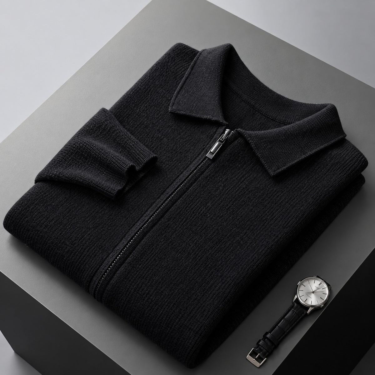 Men's fine knit zip cardigan with a flat polo collar and side pockets - black