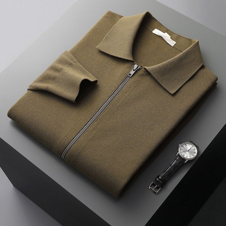 Men's fine knit zip cardigan with a flat polo collar and side pockets - khaki