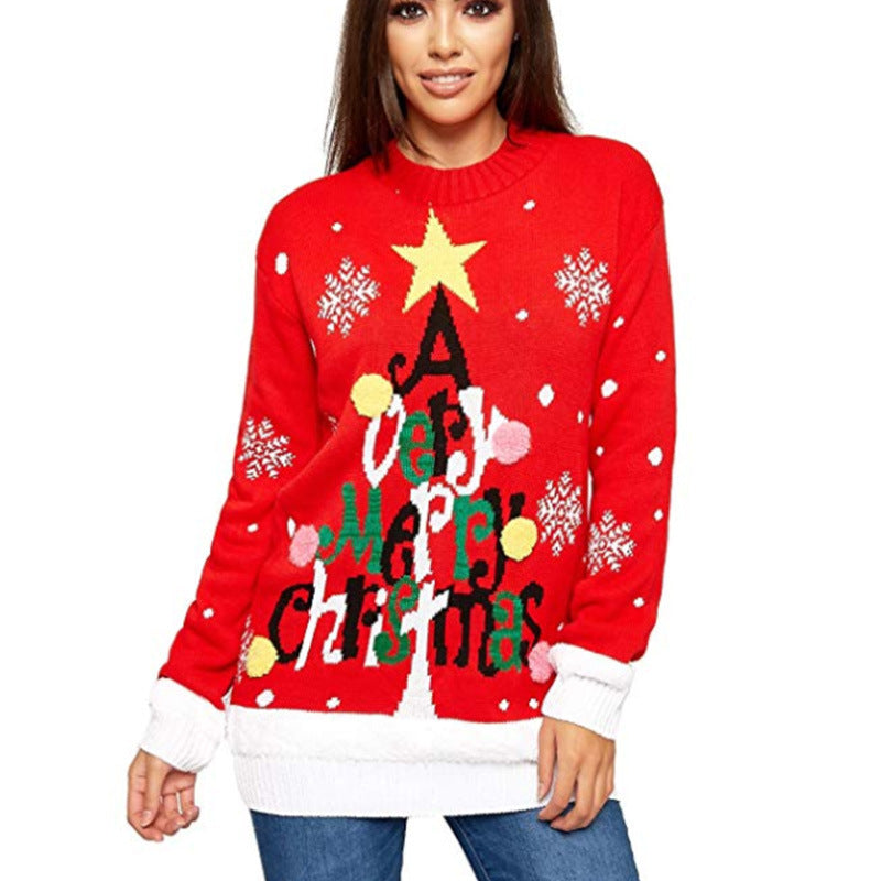 Women's knitted Christmas jumper with a Merry Christmas tree, star and pompoms