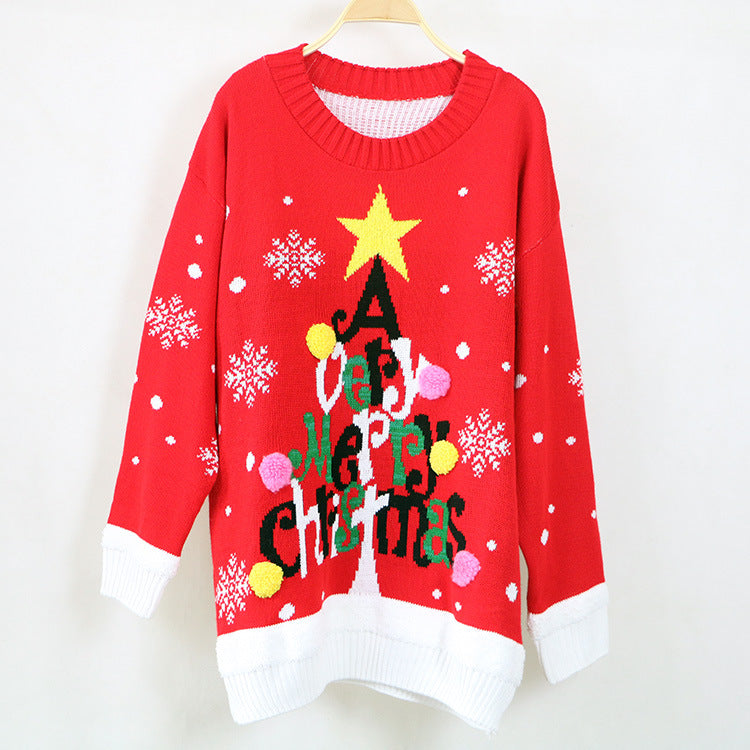 Women's knitted Christmas jumper with a Merry Christmas tree, star and pompoms