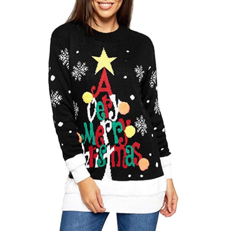 Women's knitted Christmas jumper with a Merry Christmas tree, star and pompoms
