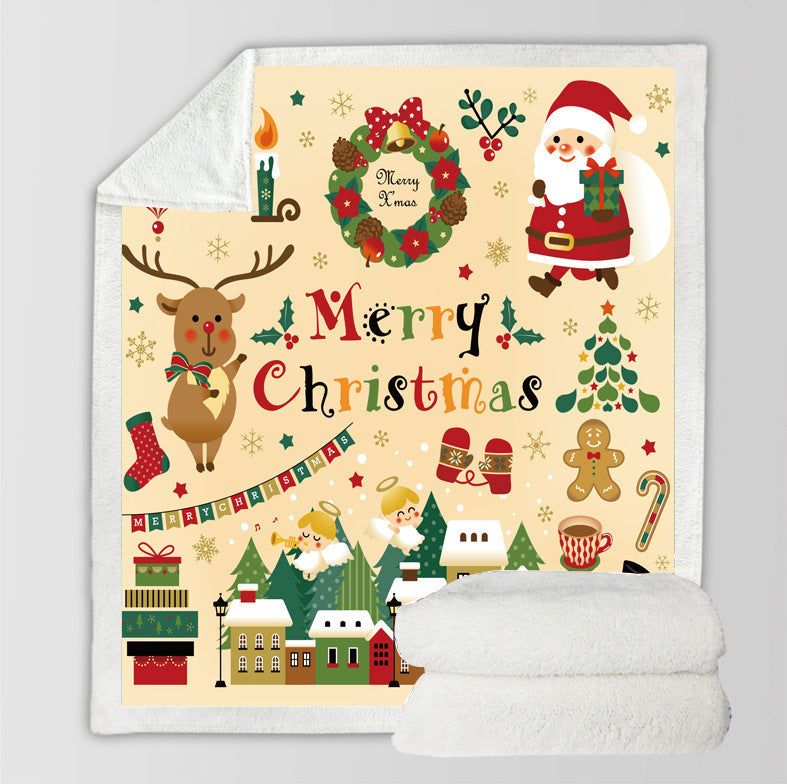 Christmas throw with a printed festive scene and a white teddy lining - cream reindeer and wreath