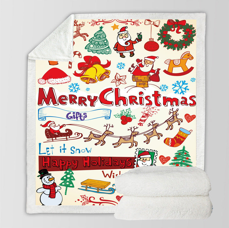 Christmas throw with a printed festive scene and a white teddy lining - cream christmas doodles