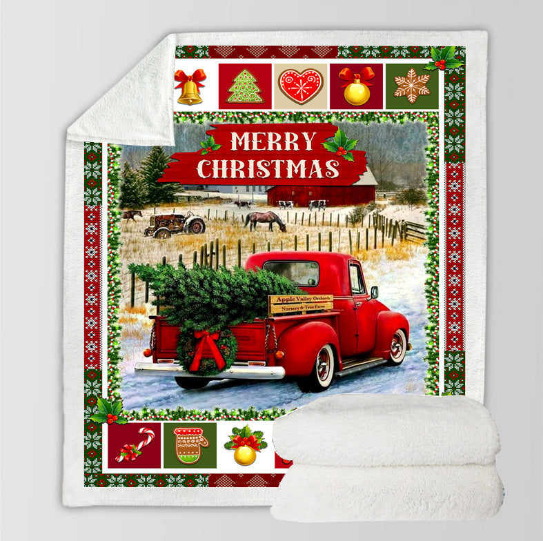 Christmas throw with a printed festive scene and a white teddy lining - red truck in the snow