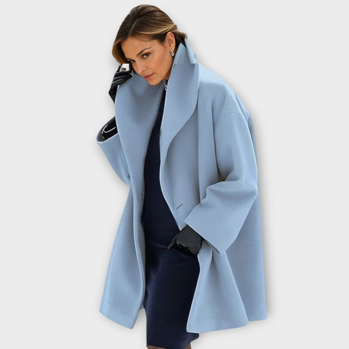 Women's mid-length wool-look coat with a shawl collar and wide sleeves - light blue