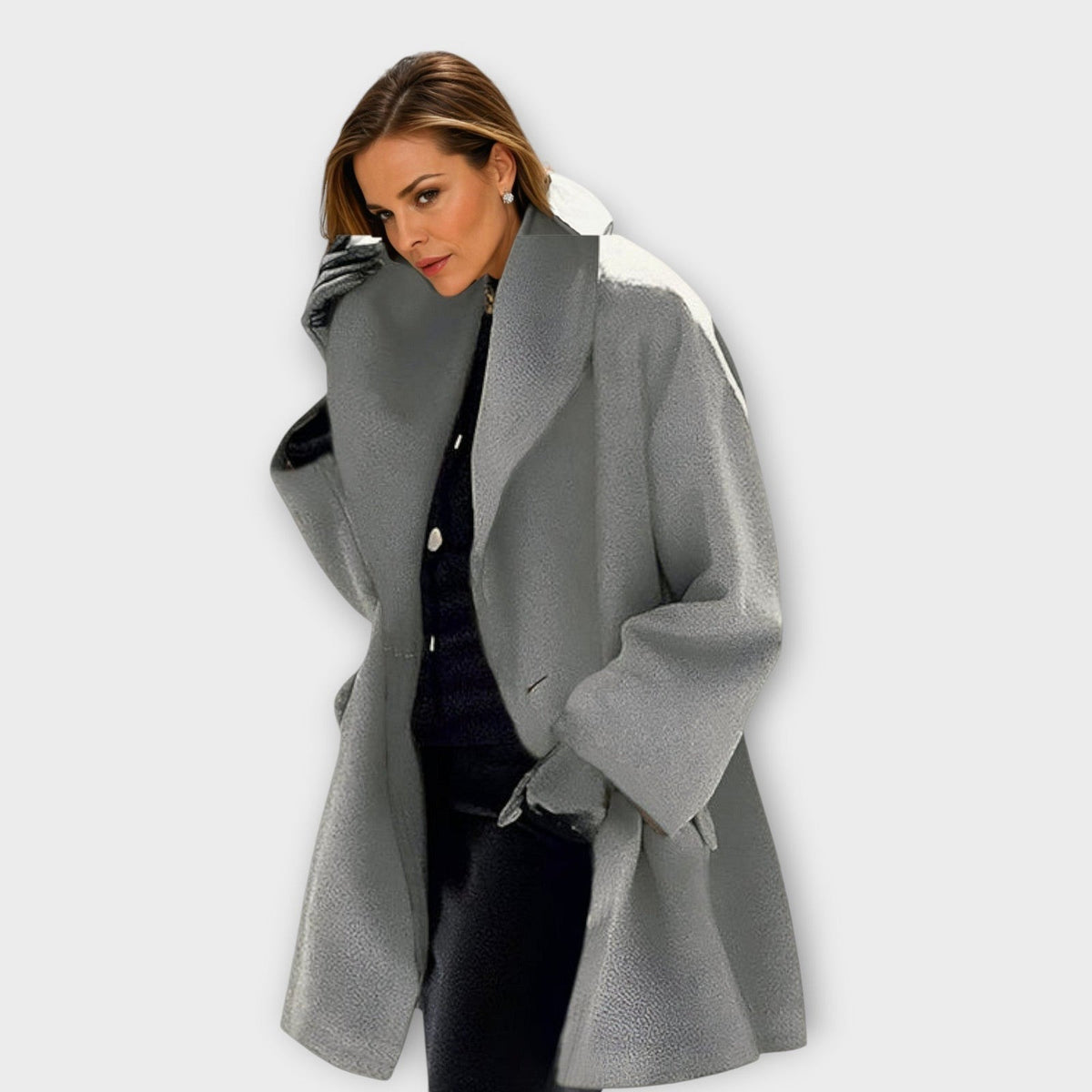 Women's mid-length wool-look coat with a shawl collar and wide sleeves - grey
