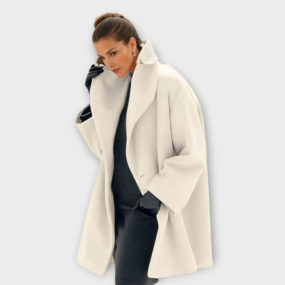 Women's mid-length wool-look coat with a shawl collar and wide sleeves - cream