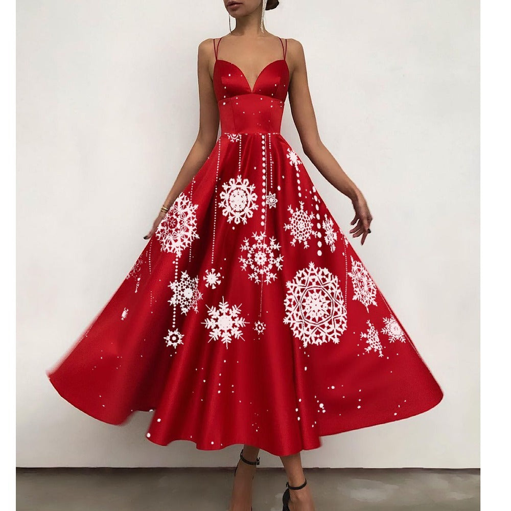 Women's midi Christmas dress with spaghetti straps, sweetheart neckline and full skirt - red snowflake