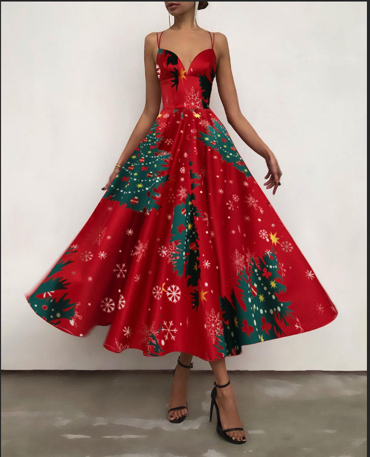 Women's midi Christmas dress with spaghetti straps, sweetheart neckline and full skirt - red with green trees