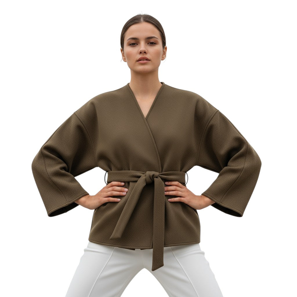 Collarless wrap jacket in a felted cloth with wide sleeves and a tie belt in brown