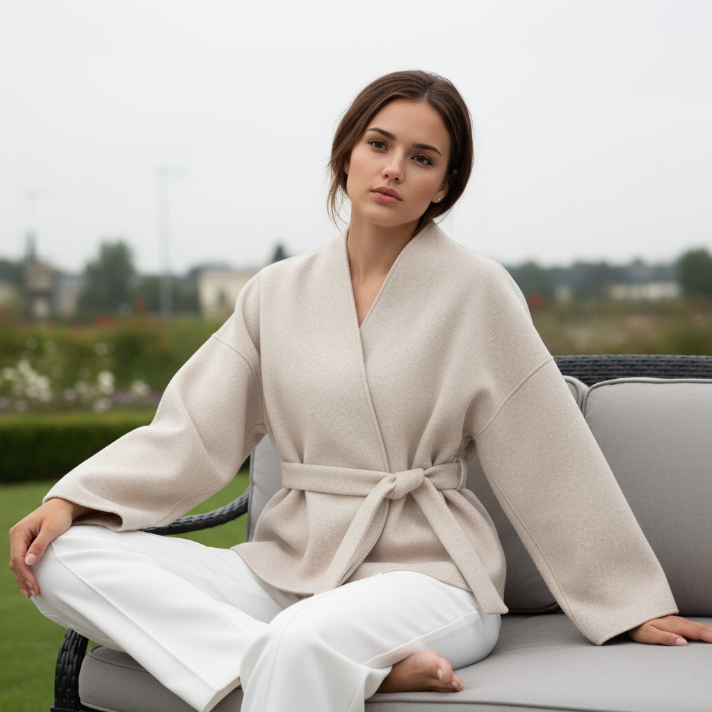 Collarless wrap jacket in a felted cloth with wide sleeves and a tie belt
