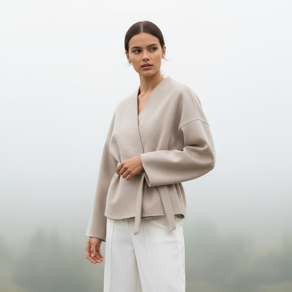 Collarless wrap jacket in a felted cloth with wide sleeves and a tie belt