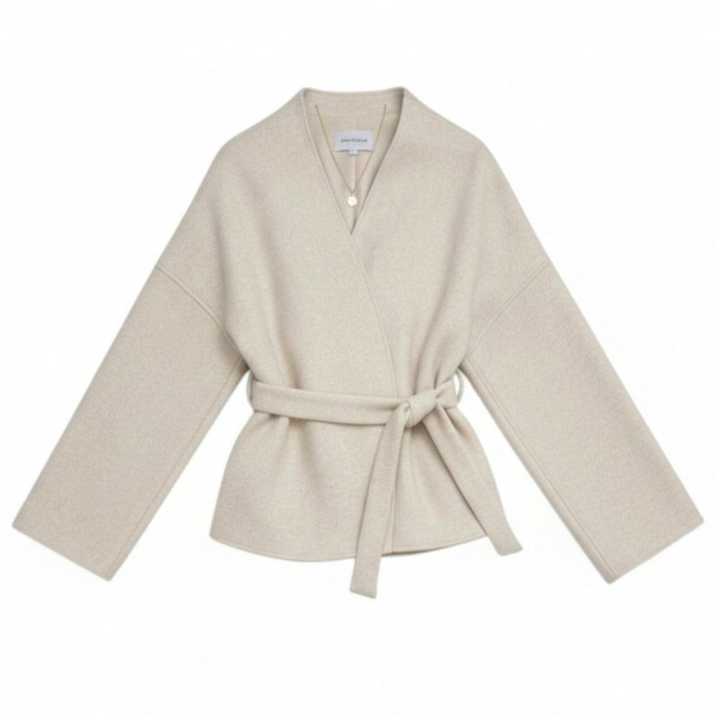 Collarless wrap jacket in a felted cloth with wide sleeves and a tie belt