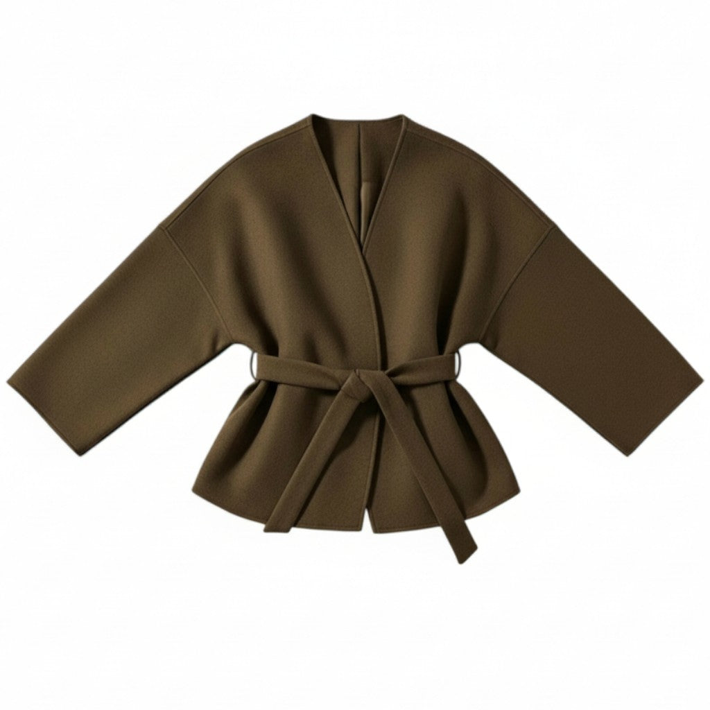 Collarless wrap jacket in a felted cloth with wide sleeves and a tie belt