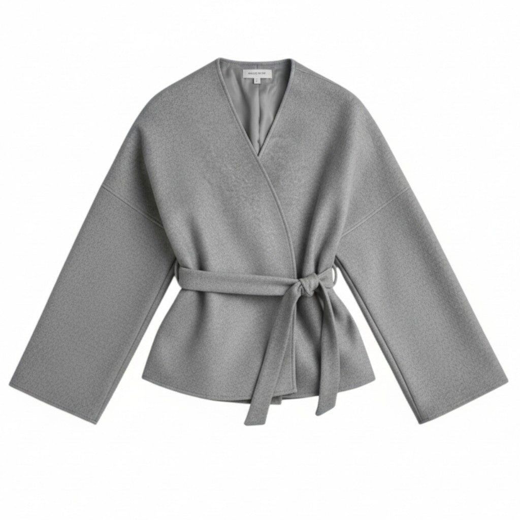 Collarless wrap jacket in a felted cloth with wide sleeves and a tie belt