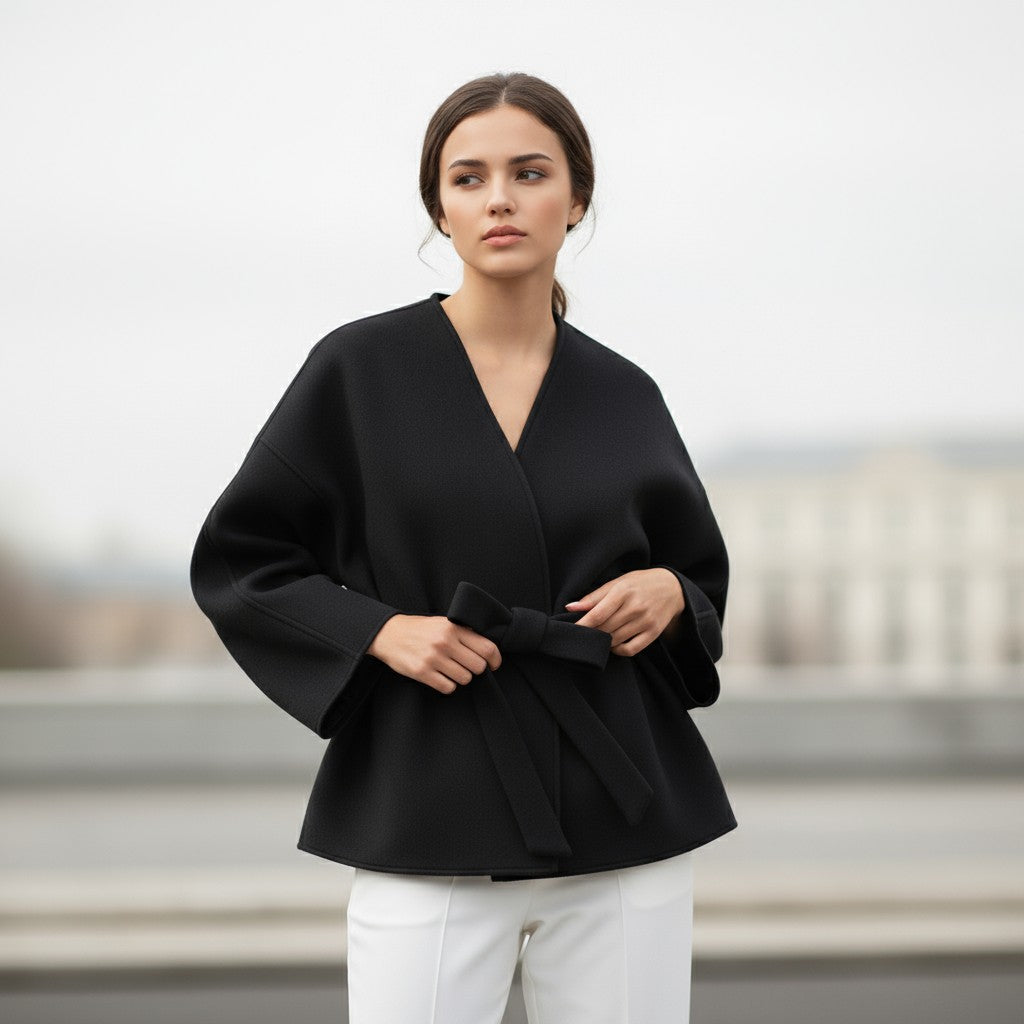 Collarless wrap jacket in a felted cloth with wide sleeves and a tie belt