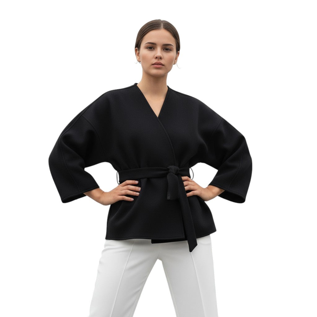 Collarless wrap jacket in a felted cloth with wide sleeves and a tie belt in black