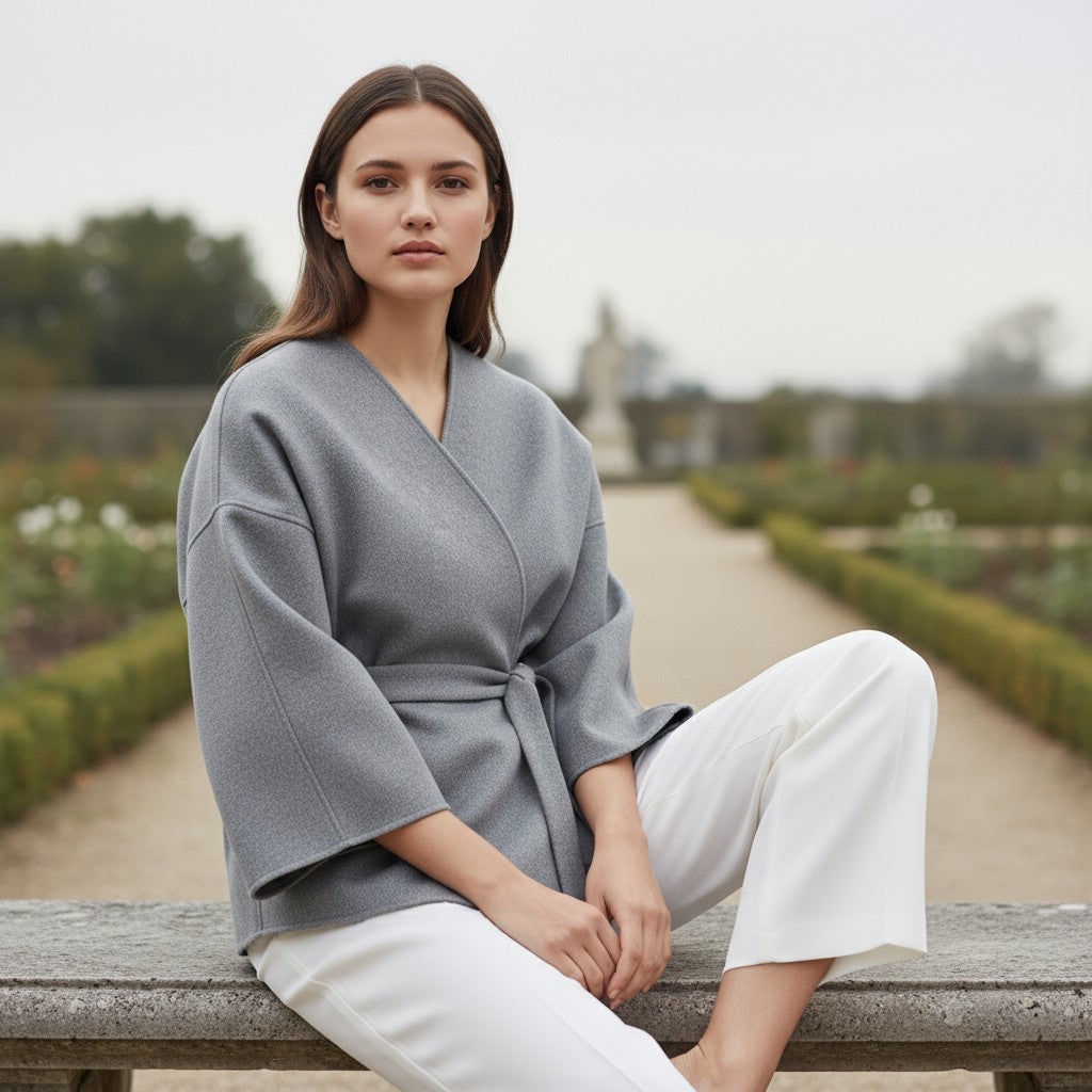 Collarless wrap jacket in a felted cloth with wide sleeves and a tie belt